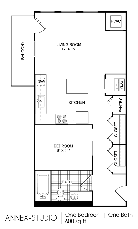 Floor plan for studio, 1 bath, 600 sqft